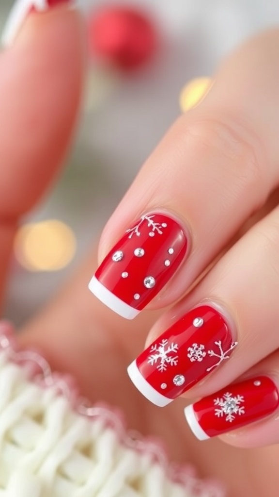 Cute short French Christmas nails with white tips and red base, decorated with snowflakes and glitter.